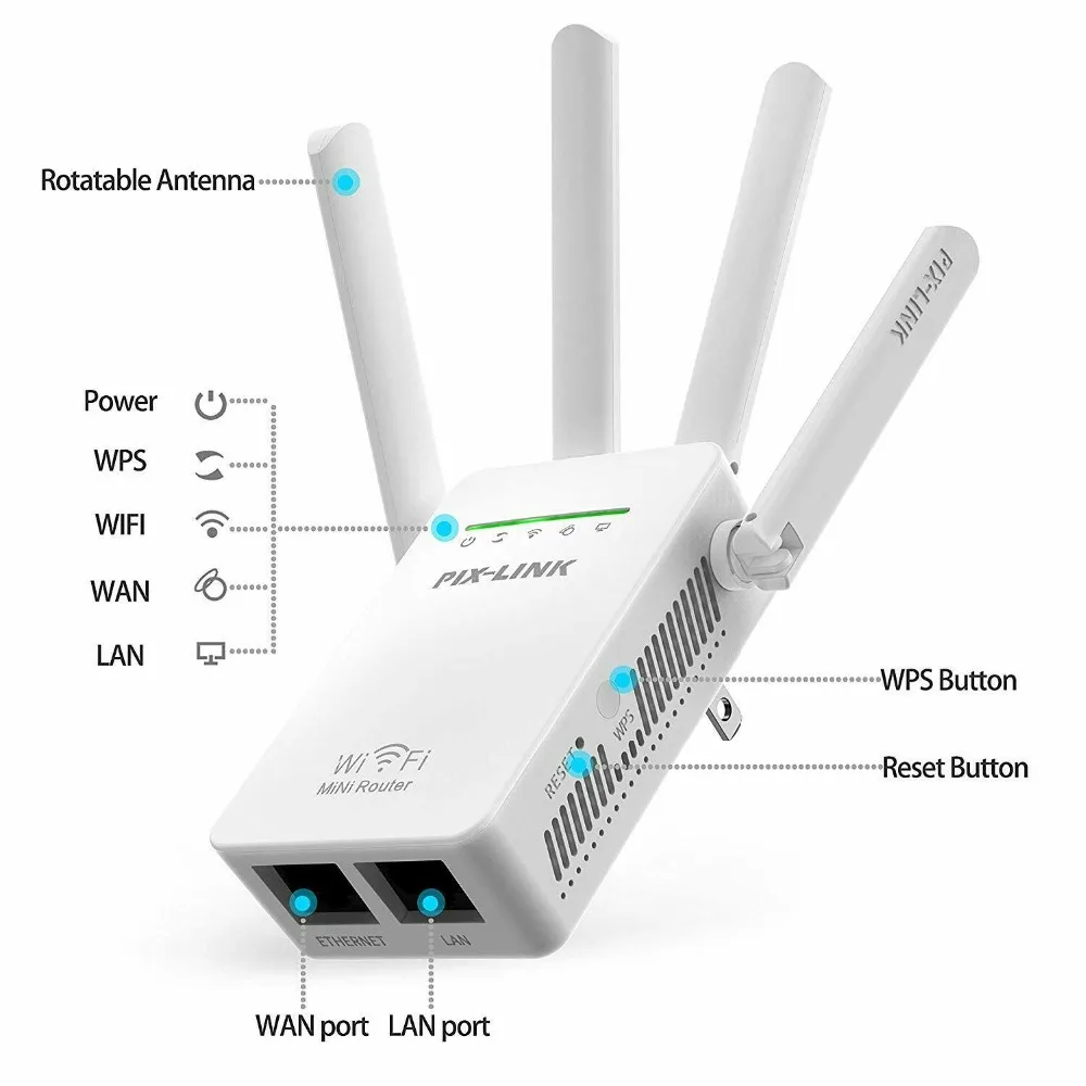 mesh wifi router PIXLINK WR09 Ban Đầu Không Dây Wifi Repeater Tốc Độ 300Mbps Đa Năng Tầm Xa Router Với 4 Ăng Ten AP/Router/Repeater 3in1 Chế Độ home wifi signal booster