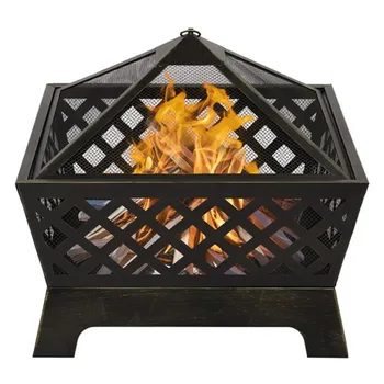 

4 Angles Mesh Brazier Bronze Hexagonal Shaped Iron Brazier Wood Burning Fire Pit Decoration for Backyard Poolside