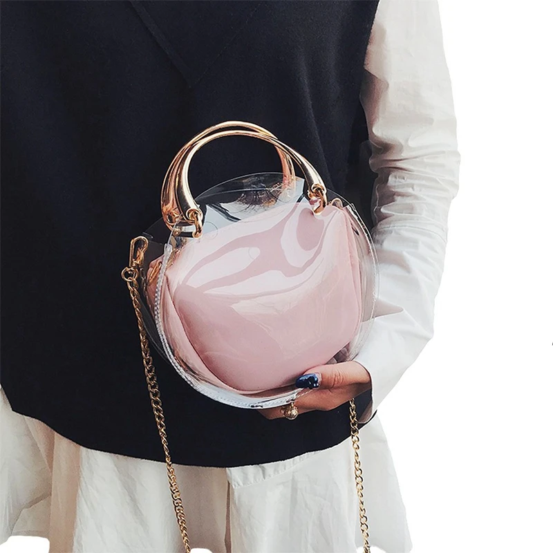 

ABZC-Round Clear Crossbody Bag Messenger Handbag Tote Shoulder Money Bank with Inner Bag, Transparent, Waterproof (Pink)