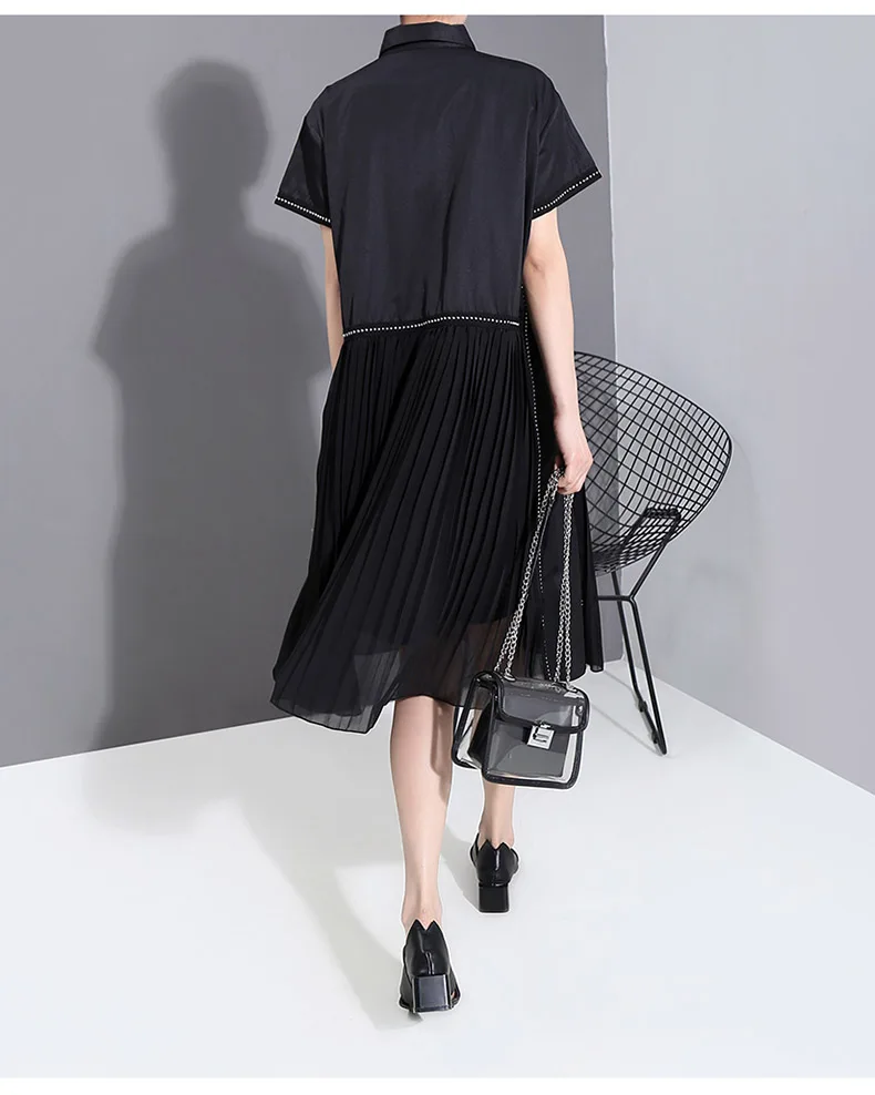 New Fashion Black Pleated Chiffon Hem Lapel Shirt Dress