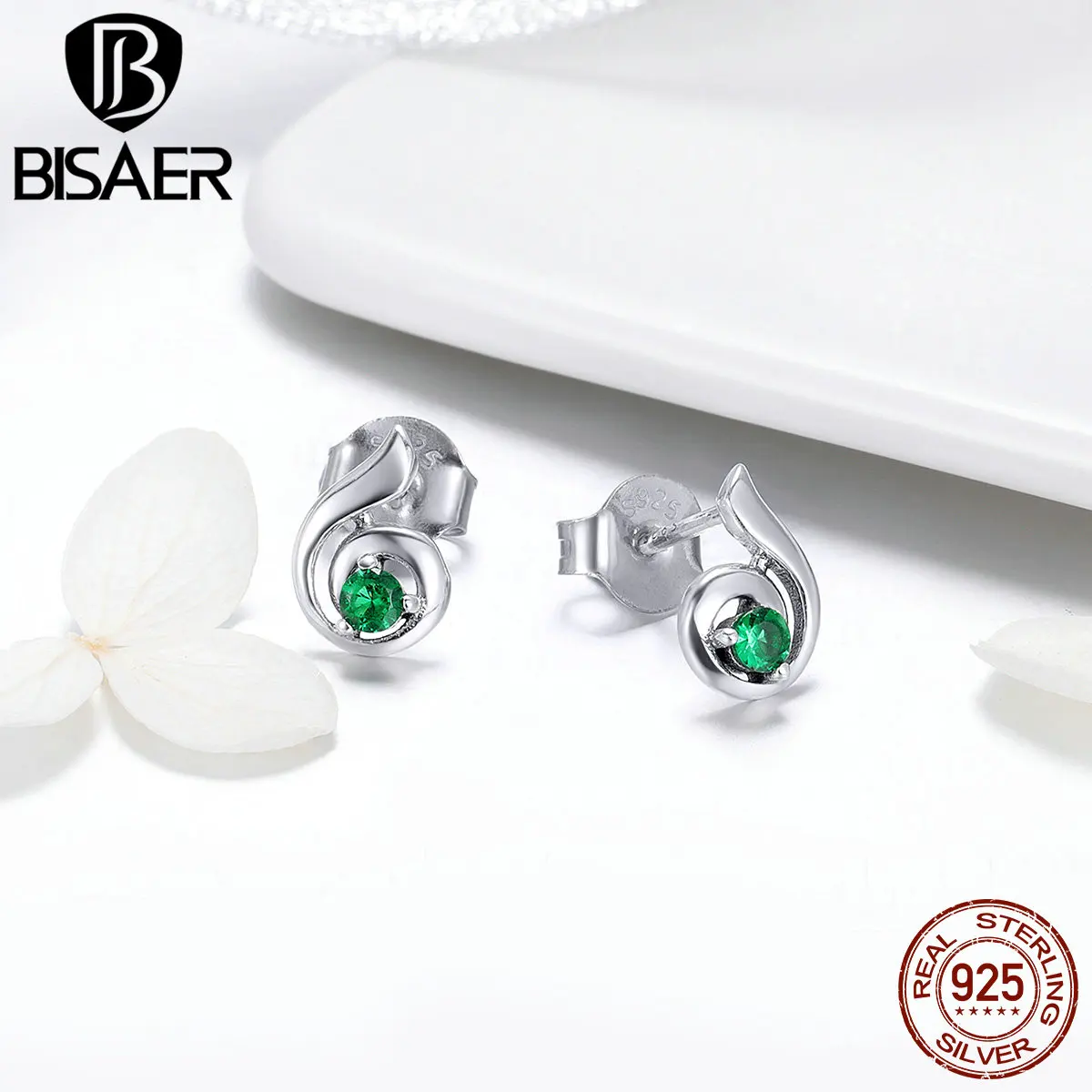 Серьги-гвоздики BISAER, 925 пробы, серебряные, зеленые, CZ, музыкальная мелодия, серьги-гвоздики для женщин, букле d'oreuilles Brincos Bijoux HVE010