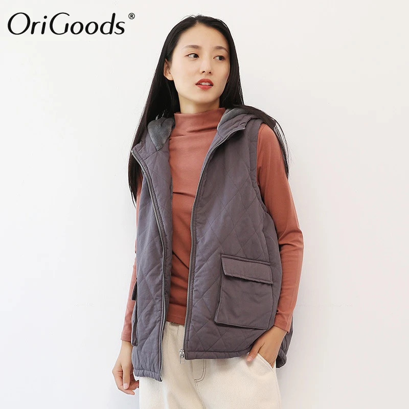 OriGoods, женский жилет, пальто, без рукавов, толстый, теплый, зимний жилет, Флокированный, флис, с капюшоном, плюс размер, жилет, винтажная верхняя одежда, жилет, пальто, H077