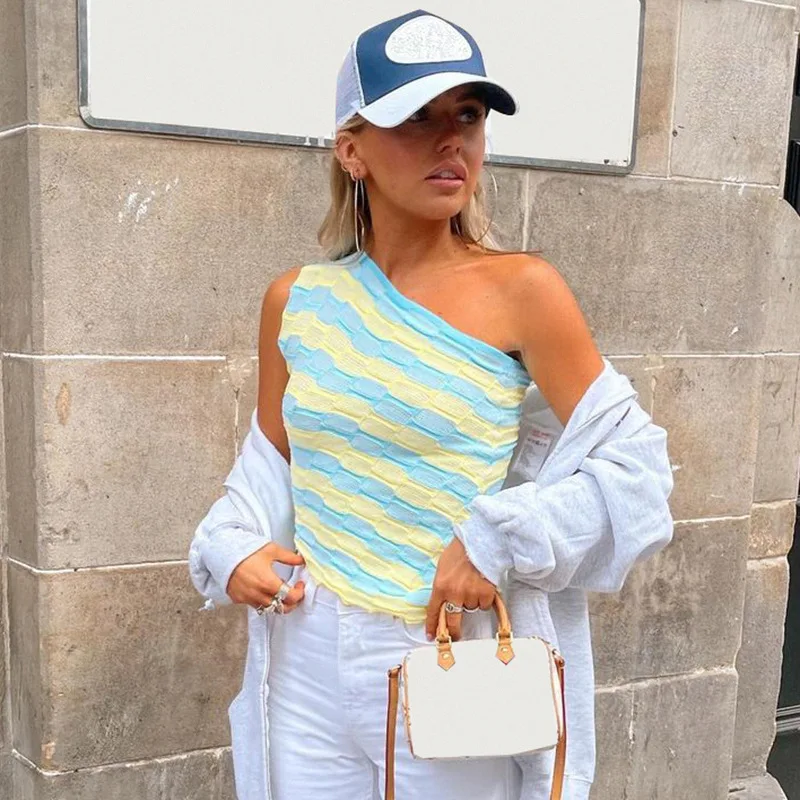 

Contrast Color Striped Print Knitted Tank Tops Women One-shoulder Off Harajuku Camis Cute Vintage 90s y2k crop top Cuteandpsycho