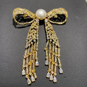 

11-12MM natural fresh water pearl brooch copper with cubic zircon bowknot brooch pins tassels classic fashion women jewelry