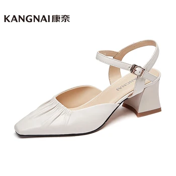 

KANGNAI Women's Sandals Pointed Toe Pumps Genuine Leather High Heel Sandals Ladies Fashion Buckle Strap Thick Heels Summer Shoes