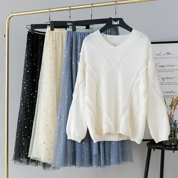 

Women 2020 Autumn Winter Loose Knitted Sweater Top + Sequin Mesh Skirt Sets Female Tassel V-Neck Pullovers And Skirt Suit N288