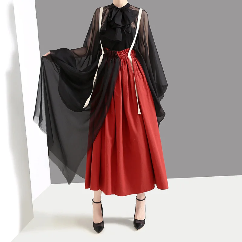 Johnature Autumn Korean New Women Pleated Skirt Streetwear Fashion Spliced Mesh High Waist All-match Female Lace Skirts