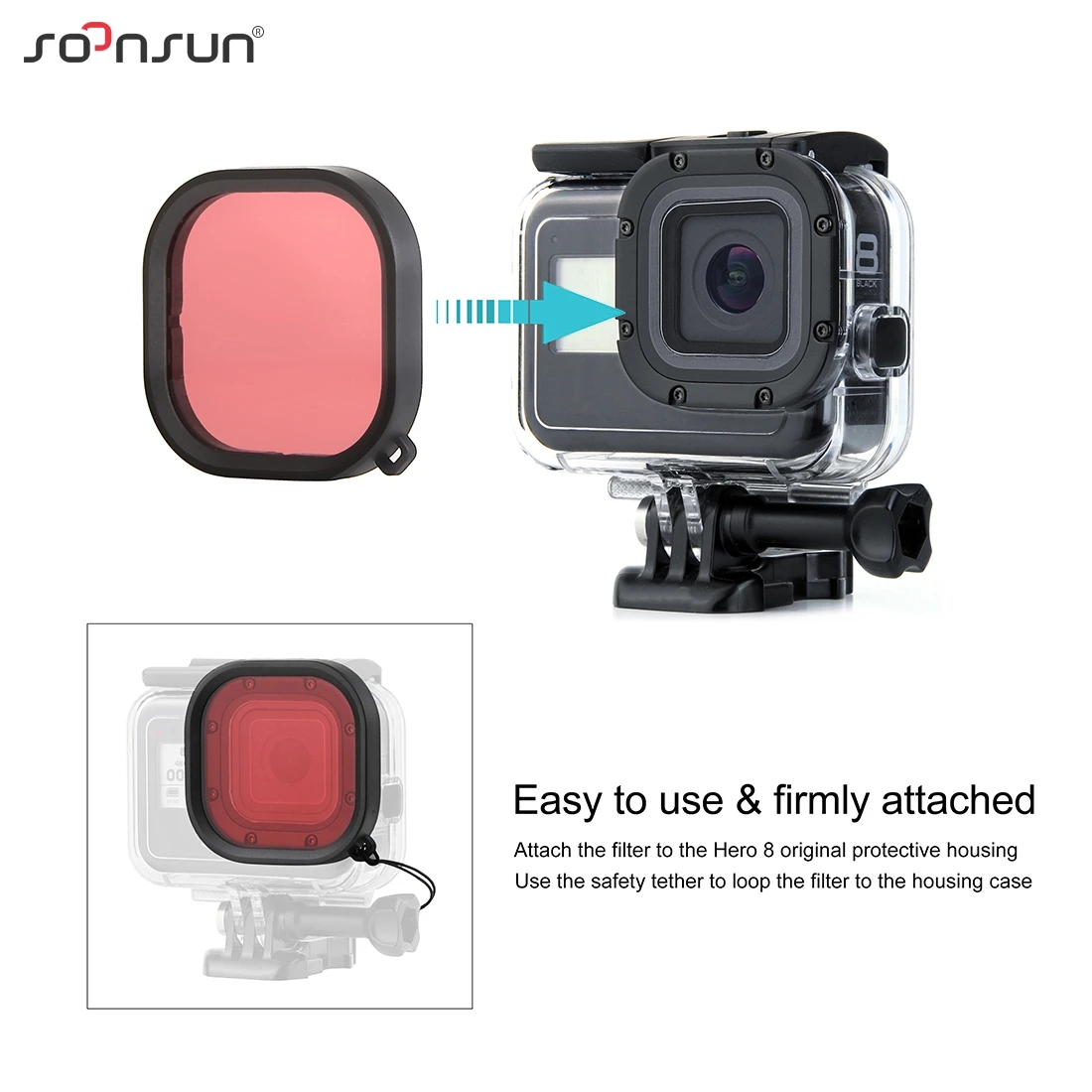 SOONSUN фильтр объектива для дайвинга красный пурпурный трубчатый цветной фильтр для GoPro HERO 8 черный Водонепроницаемый защитный корпус чехол Go Pro 8
