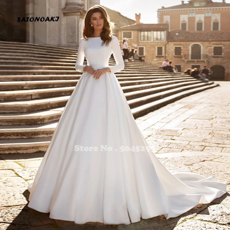 Satonoaki A-lijn Trouwjurk Ivoor Satijn Bruidsjurken Elegante Lange Mouwen Bruid Jurk Abito Da Sposa 2020 Satonoaki A-lijn Trouwjurk Ivoor Satijn Bruidsjurken Elegante Lange Mouwen Bruid Jurk Abito Da Sposa 2020