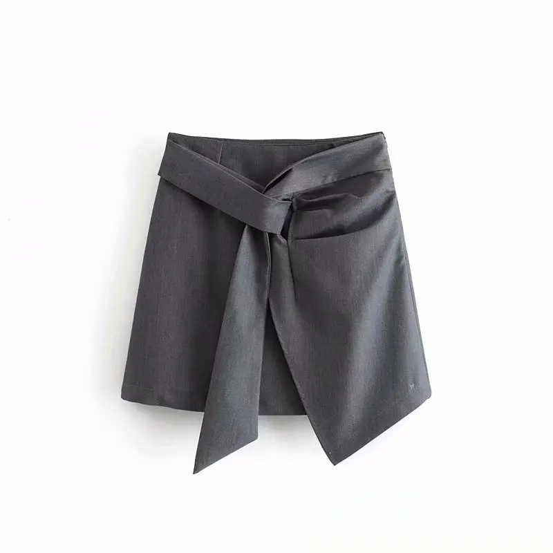 

QZ692 European New Design High Waist Solid Color Belt Deco Asymmetrical Irregular Length Skirt Shorts