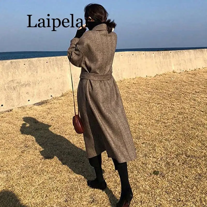 Striped Fashion Wool Coat Jacket Women Lace Up Long Blend Elegant Ladies Coats  Turn Down Collar Outwear