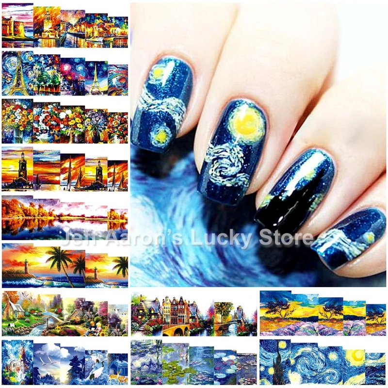 Nail Stickers Nail Art Tools Nail Art Decoration Nail Decals 12 Designs Beauty Retro oil Painting Style Nail Art Water Transfer Decals Nail Sticker Slider Tattoo Accessories Supplies