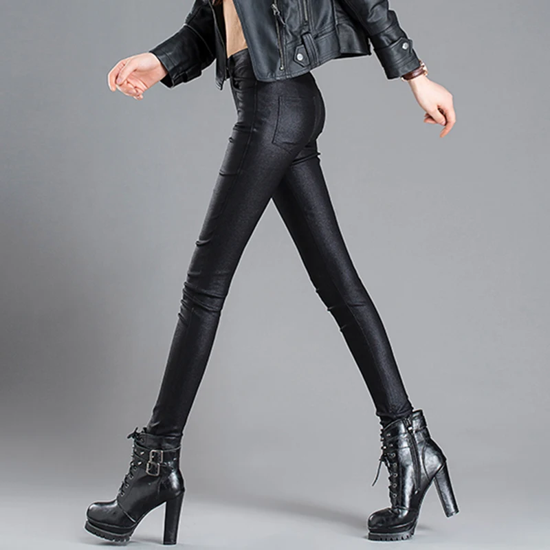Матовое покрытие брюки для женщин Высокая талия блеск брюки обтягивающие стрейч карандаш джоггеры размера плюс зимние брюки длинные прямые V170