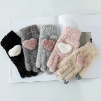 

1Pair Women Girls Lovely Fluffy plush Gloves Full Finger Winter Gloves Mittens Cute Love Heart Thick Warm Female Gloves Guantes
