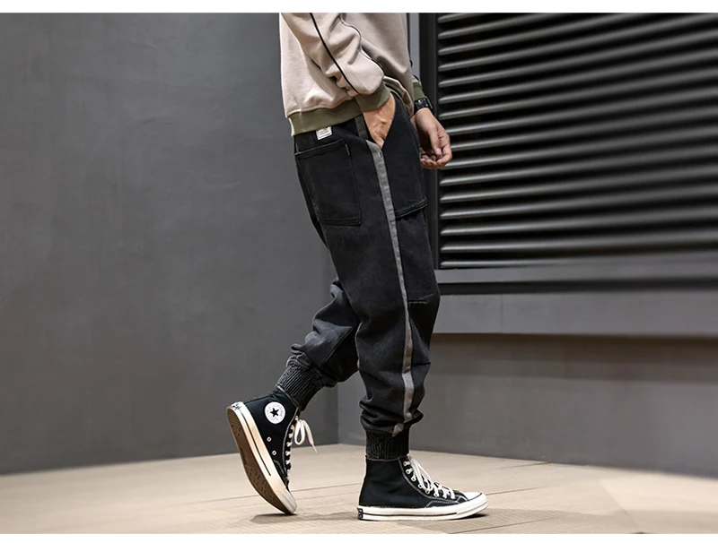 Осенние модные мужские джинсы черные серые свободные облегающие дизайнерские шаровары в полоску уличная одежда в стиле хип-хоп мужские