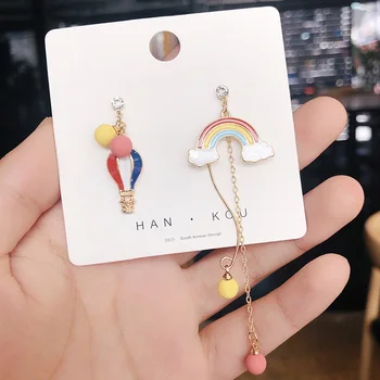 

New Rainbow Cloud Female Fun Cute Hot Air Balloon Asymmetric Long Stud Earrings for women