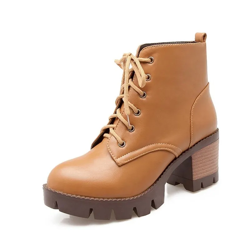 

KALENMOS Biker Boots Women Shrot Plush Lace Up Platform Motorcycle Boots Mid Heel Black Fur Warm Winter Boots 4 Color Size 33-43