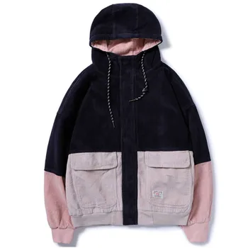 

College Style Students BF Loose-Fit Mixed Colors Hooded Baseball Uniform Corduroy Workwear Coat Women's
