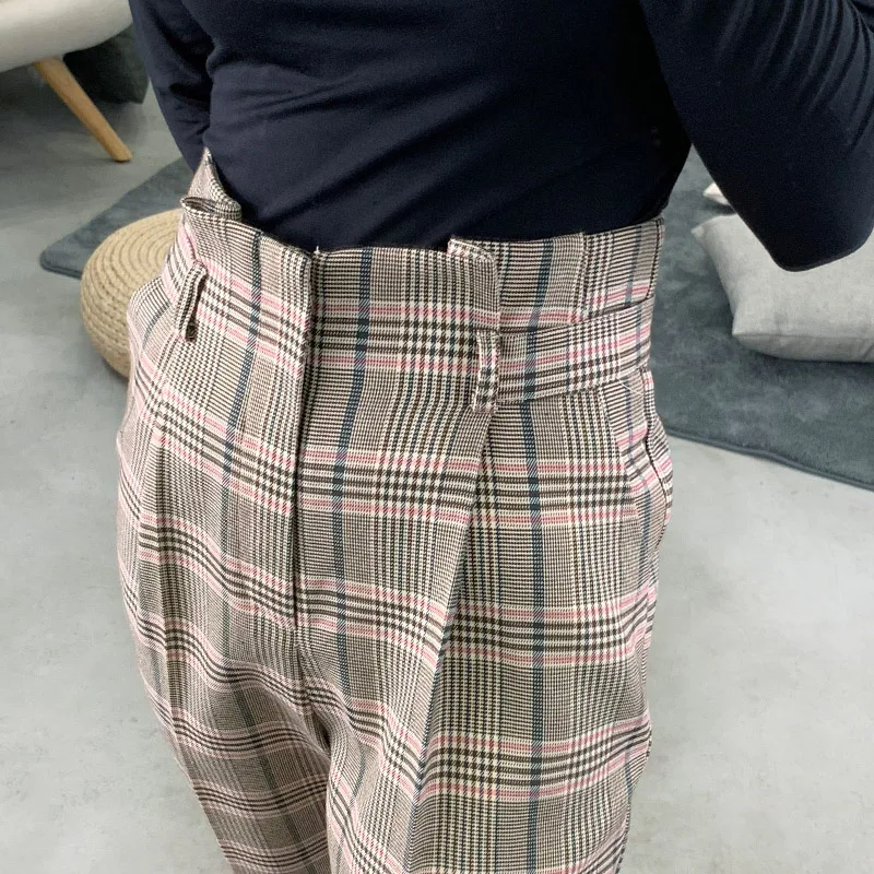 Новинка 2019 Модные осенние винтажные клетчатые повседневные брюки женские в