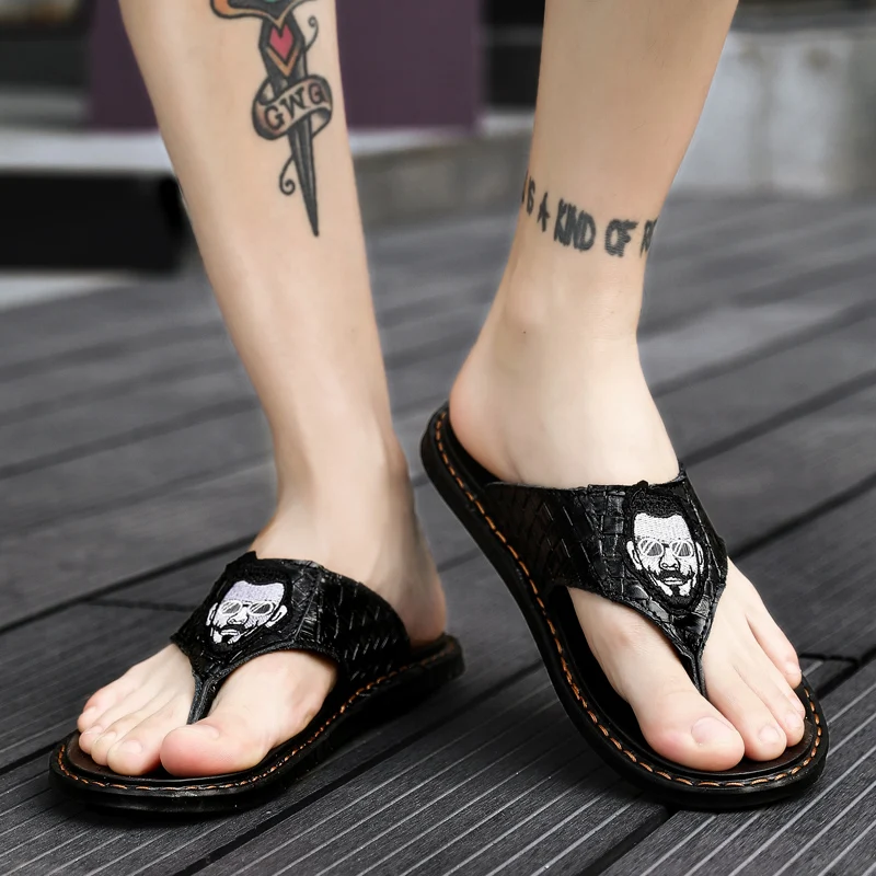 Summer New Trendy Men Genuine Leather Flip Flops High Quality Non-slide Male Slippers Outdoor Casual Shoes for Mens