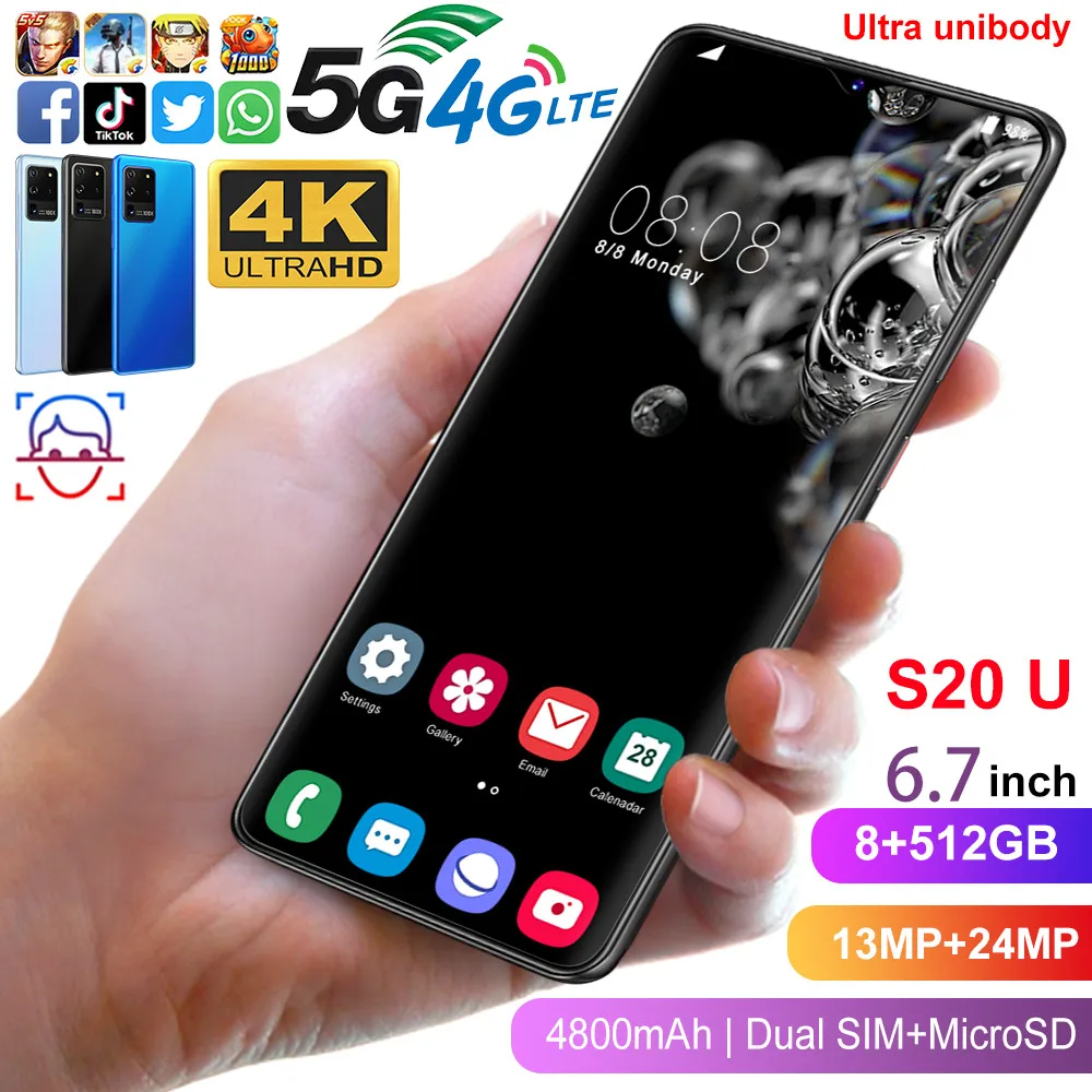 Smartphone S20U phones MTK6799 Deca core 6.7inch HD Mobile phone 1440*3040 Unlocked smartphone 8GB+512GB Camera 13MP+24MP