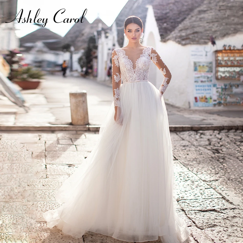 

Ashley Carol Sexy V-neck Illusion Long Sleeve Wedding Dress 2019 Beaded Lace Appliques Vintage Wedding Gowns Vestido De Novia