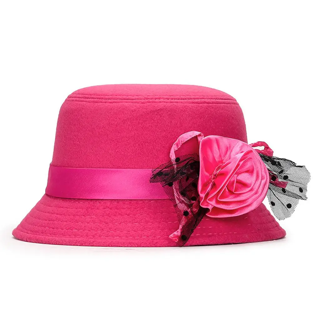 rose Red HiMISS Женская Осенняя зимняя шапка британский стиль шерстяная шляпа Ретро Дамская Цветочная фетровая шляпа - Цвет: rose Red