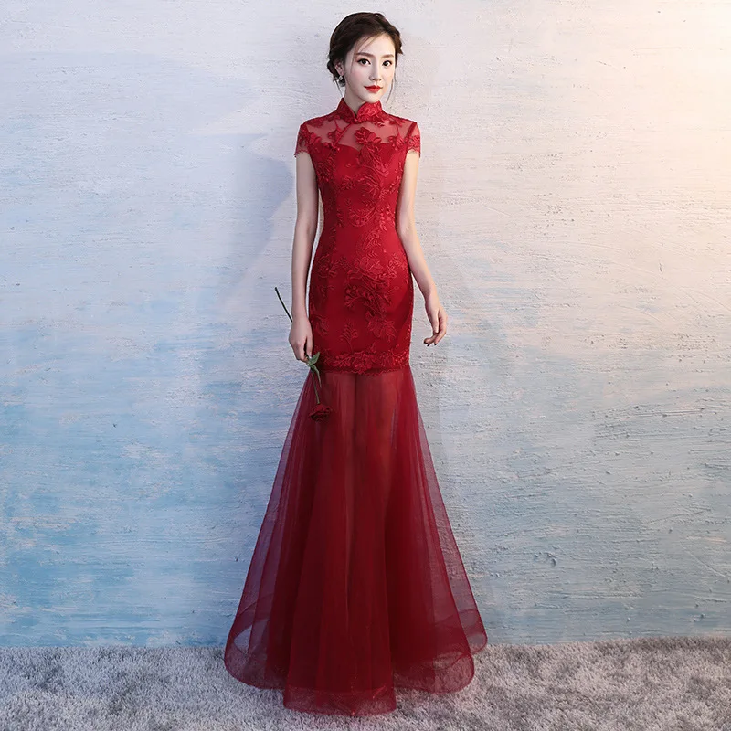 Кружевное лоскутное платье русалки для леди Qipao, сексуальное прозрачное тонкое Сетчатое платье, классическое китайское свадебное платье с воротником-стойкой, благородное красное платье Vetidos