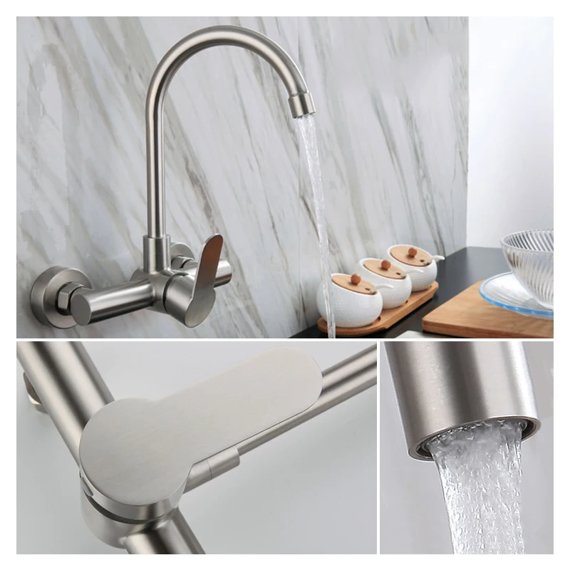 Kitchen Faucet Stainless Steel Bathroom Basin Sink Tap Wall Mounted 360 Degree Swivel Double Hole Hot Cold Water Mixer Tap Crane