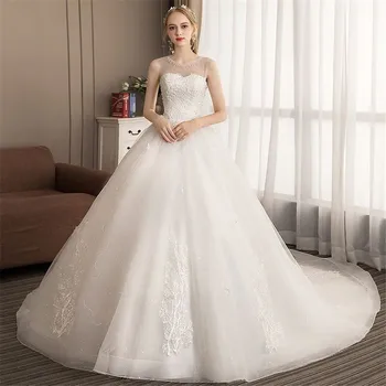 

Sleeveless 2020 Scoop Neck A Line Wedding Dresses Lace Up Back Bridal Gowns Lace Appliques Beaded Pearls Customized For Ladies