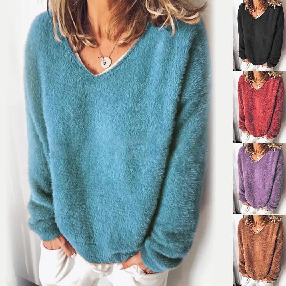 

Women Autumn Winter Solid Color Plush Fluffy Loose Sweater Pullover Blouse Top