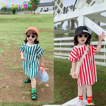 

Summer Clothing Baby Girls Dress 2020 Korean Fashion Stripe Short Sleeve Cotton Letter Toddler Dresses For Children Clothes 1884