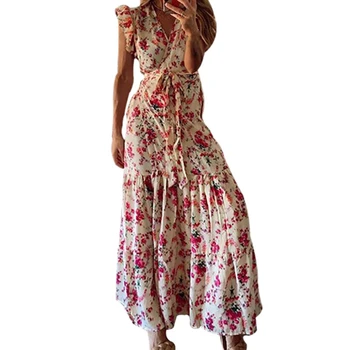 

Women Summer Floral Print Long Maxi Dress Boho Beach Dress Short Sleeve Dress