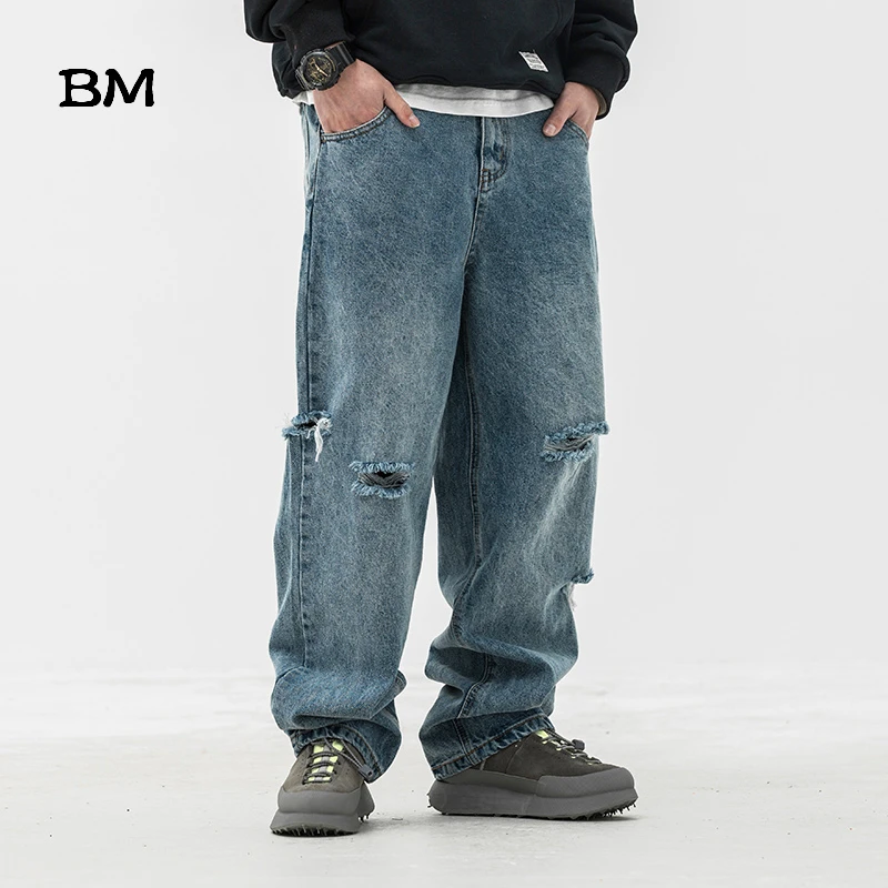 

2020 Distressed Beggar Ripped Jeans Korean Style Loose Overalls Hombre Denim Cargo Pants Men Streetwear Fashions Clothes Male