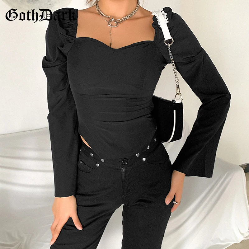 Goth Dark Gothic Patchwork Black Long Sleeve T-shirts Punk Style Square Neck Bodycon Women Autumn Crop Tops Fashion Streetwear