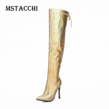 

Mstacchi Ladies Bling Lace-Up Solid Sewing Sequined Cloth Thigh High Boots Fashion Show Sequin Knee Boots Thin Heels For Women