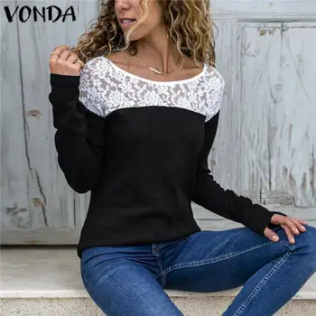 

VONDA Cotton Blouses Women Sexy O Neck Long Sleeve Autumn Shirts Femme Lace Patchwork Tops And Blouse Bohemian Maternity Blusas