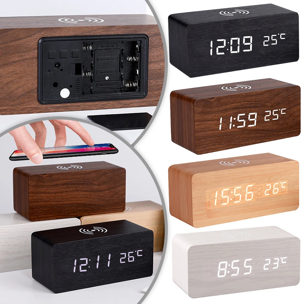 Modern Wooden Wood Digital Led Desk Alarm Clock Thermometer Wireless