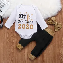 Боди для новорожденных мальчиков и девочек с надписью «Happy New Year», комбинезон, комплект со штанами комплект одежды для новорожденных от 0 до 2 лет