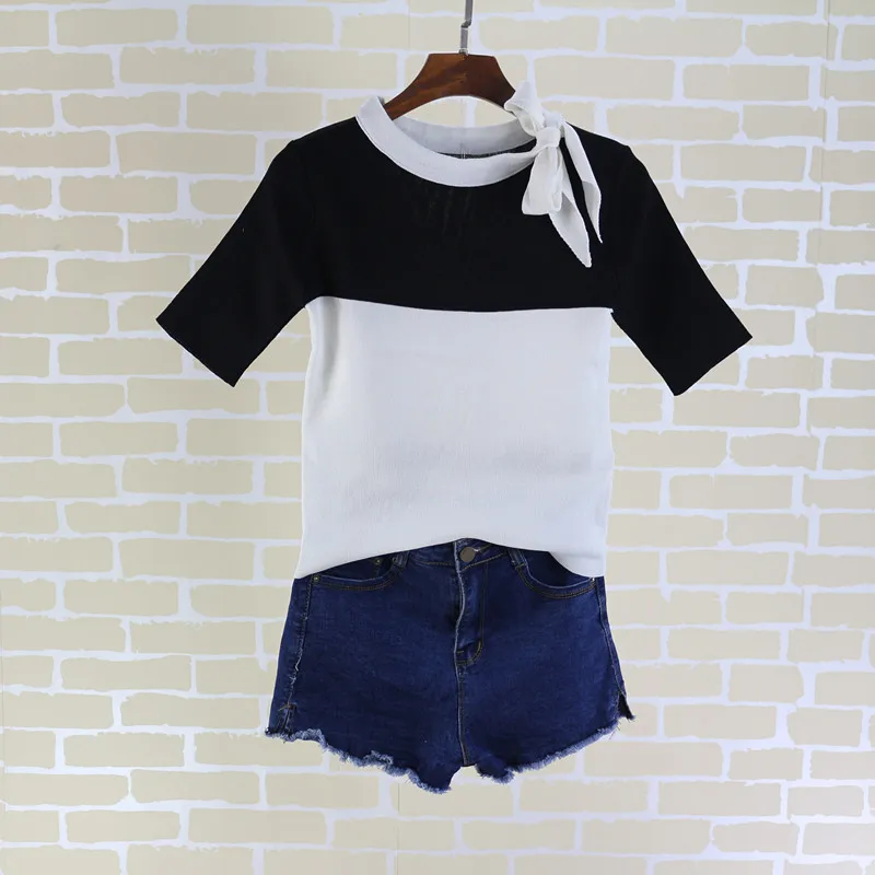 summer women's knit short-sleeved T-shirt Slim round neck bow T-shirt knit shirt bottoming outside wearing office lady tops