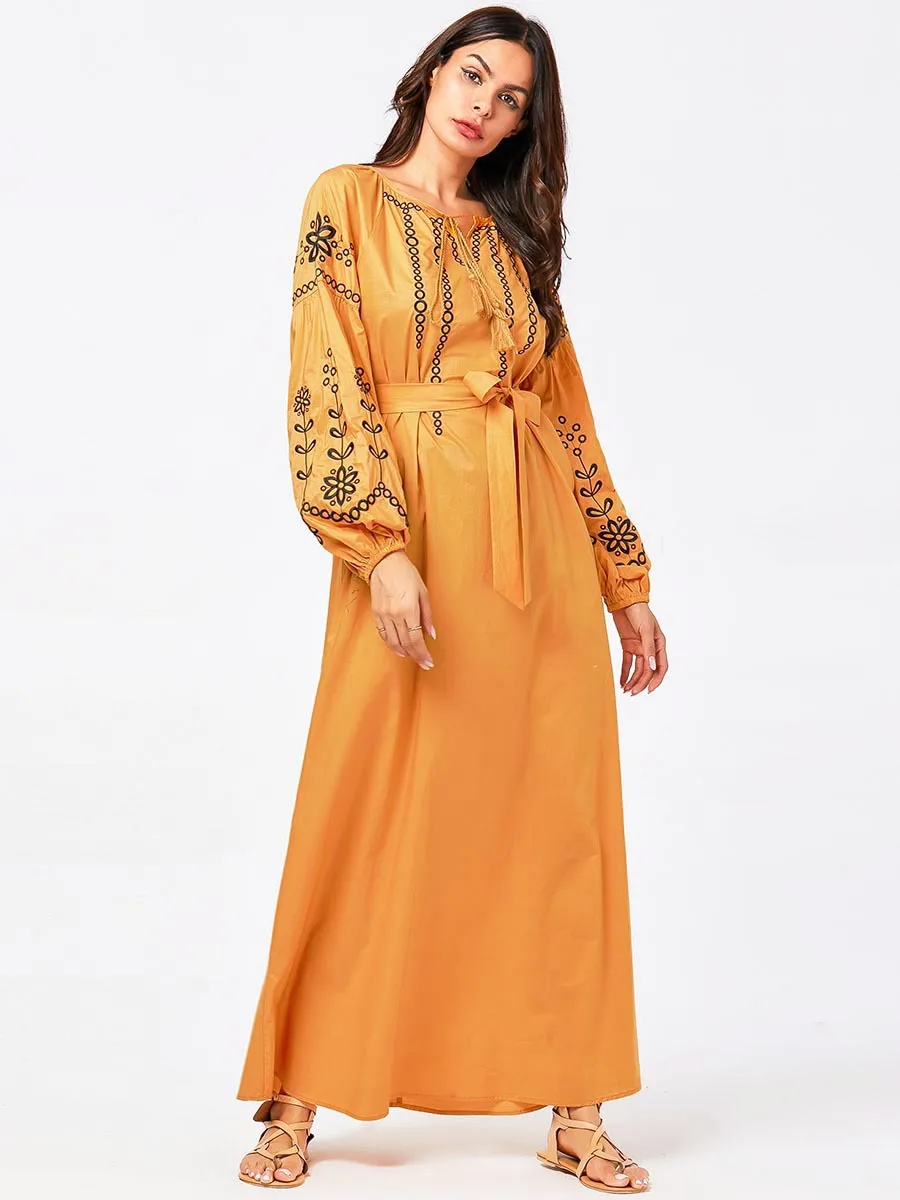 Новинка года; Модное детское платье для девочек; повседневное мусульманское платье с длинными рукавами; ярко-желтый пояс с вышивкой