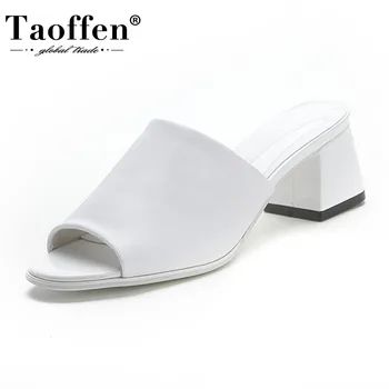 

TAOFFEN Real Leather Women Sandals Peep-Toe Square Heel Soft Lighweight Shoes Women Outdoor Casual Slippers Size 34-44