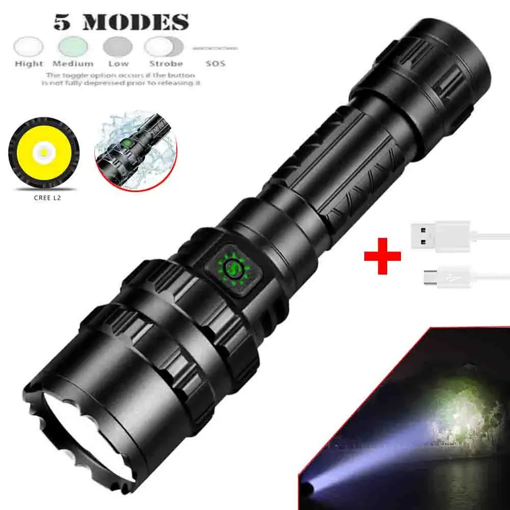 

50000LM L2 USB Rechargeable 18650 Battery Tactical Flashlight LED Aluminum Alloy Waterproof Torch 5 Modes for Camping