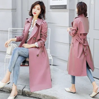 

Fashion Spring Autumn Women's Chamelen Trench Coat Double Breasted Long Slim Office Lady Outerwear Below Knee Coat