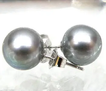 

Free shipping 14K/20 white gold 9-10mm AAA+++ perfect round gray south sea pearl earring