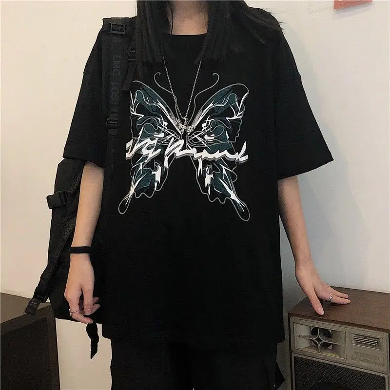 Goth Streetwear Short Sleeve Top Tee Female Kawaii y2k mujer gothic футболка Harajuku butterfly Print Black Crop Women T-shirts