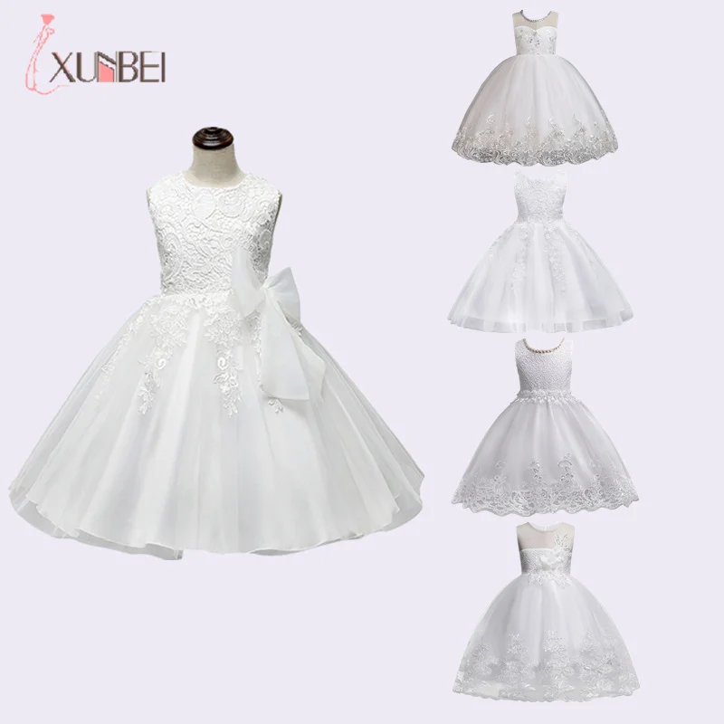 

Knee Length White Flower Girl Dresses 2020 Applique Lace Ball Gown Girls Pageant Dresses First Communion Dresses For Wedding