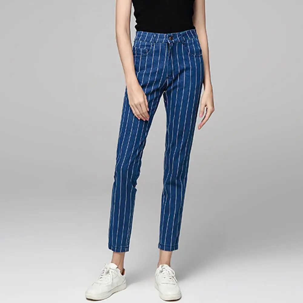 

Fashion Stripe Jeans Womens Stripe Pocket Button Zipper Elastic Slim Fit Jeans Mid Waist jeans woman casual pants 2019 #15