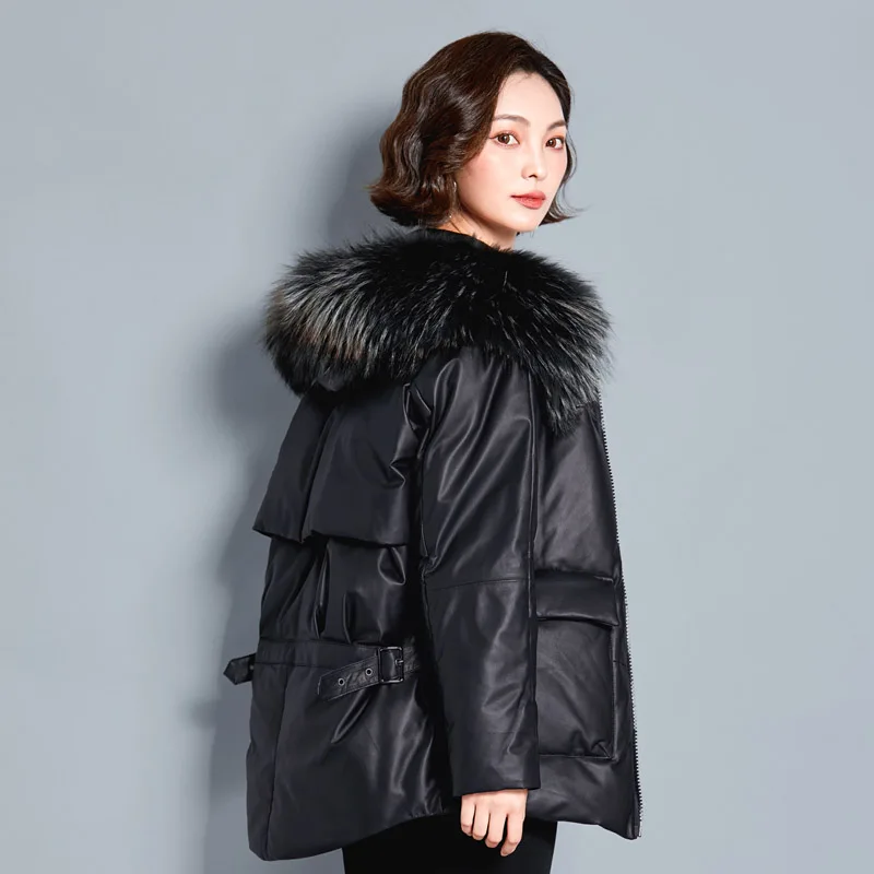 Женская куртка из 100% натуральной кожи зимнее пальто на утином пуху Женское с