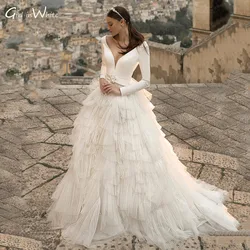 Elegant Long Sleeve Satin Wedding Dress 2022 Tiered A Line Bride Dresses Sexy Deep V Neck Modern Bridal Gown Robe De Mariée